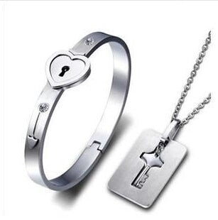 Love Heart Lock Bracelet And Key Necklace Set For Couples Jewelry