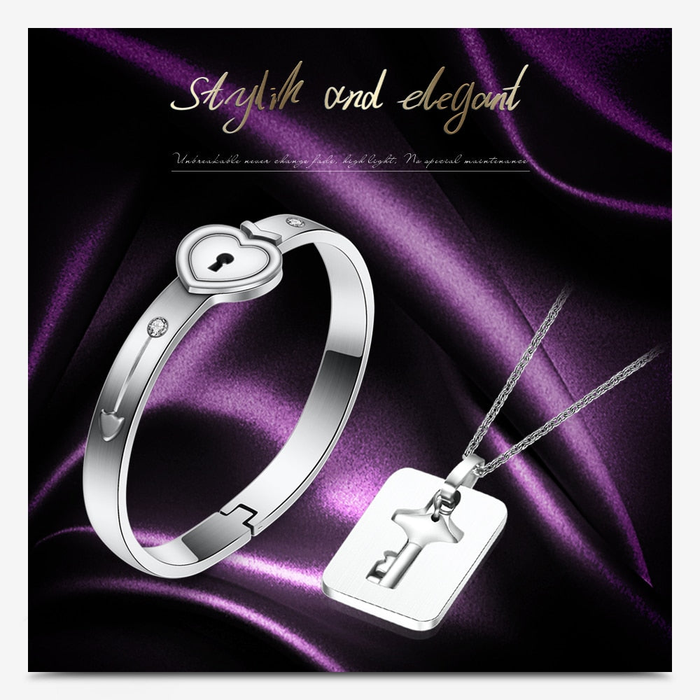 Love Heart Lock Bracelet & Key Necklace