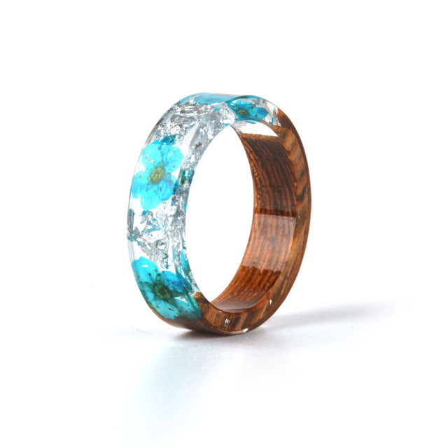 NDJEWELRY Unique Wood Plastic Resin Ring with Turquoise Insided Transparent  Crystal Band Ring Best Handmade Gift for Her